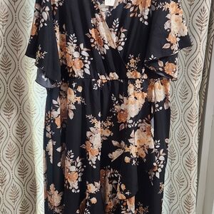 Women's Black Floral Wrap Dress with Peach Blooms